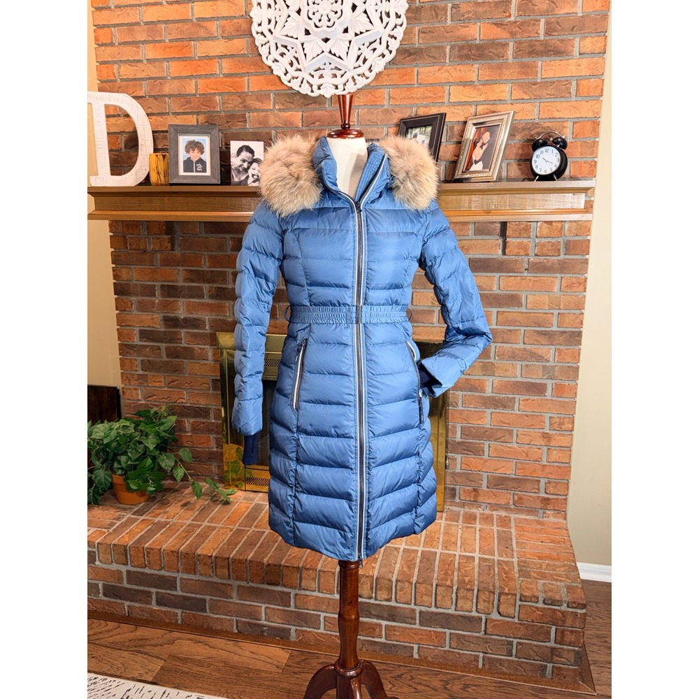 Snowimage Puffer Coat Women Blue Down Fill Raccoon Fur Trim Hooded M NWOT